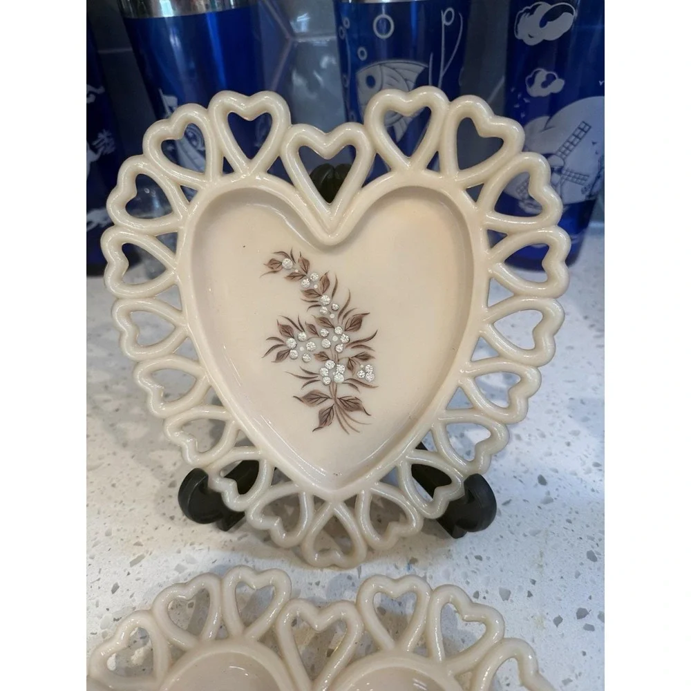 2 Westmoreland Almond Cream Heart Plate Lace Hand Painted Mid Century Milk Glass